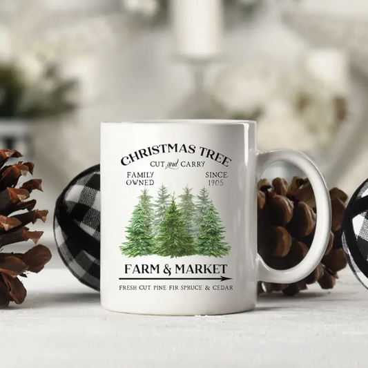 Cut & Carry Christmas Trees White Ceramic Mug – Rustic Holiday Coffee Cup