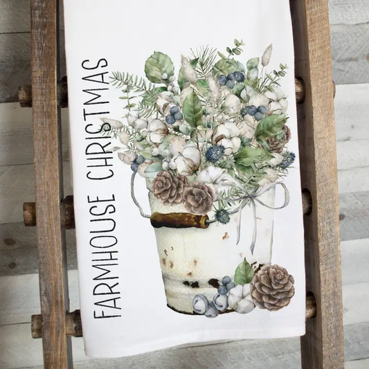 Farmhouse Christmas Flour Sack Tea Towel – Rustic Holiday Kitchen Decor