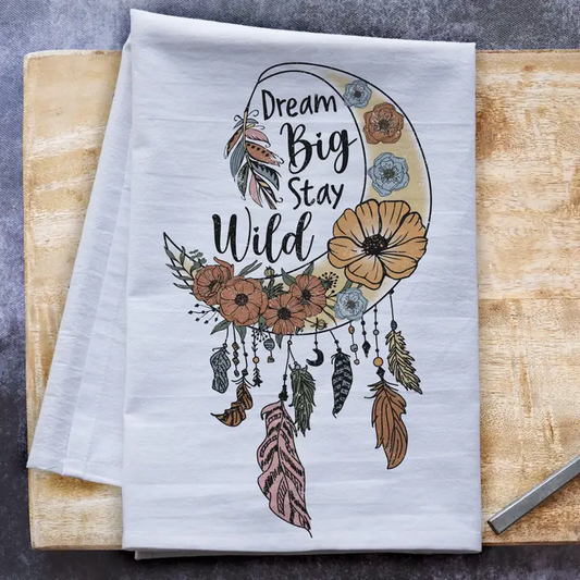 Dream Big Moon Flour Sack Tea Towel – Boho-Inspired Kitchen Decor