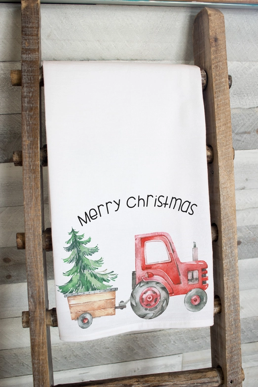 Christmas Tractor Flour Sack Tea Towel – Festive Farmhouse Kitchen Decor