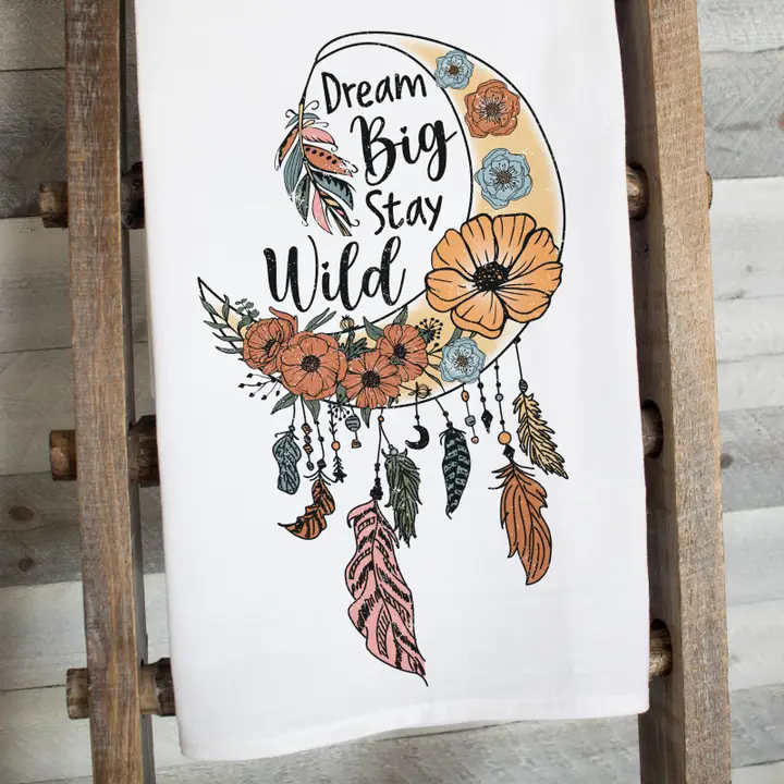 Dream Big Moon Flour Sack Tea Towel – Boho-Inspired Kitchen Decor