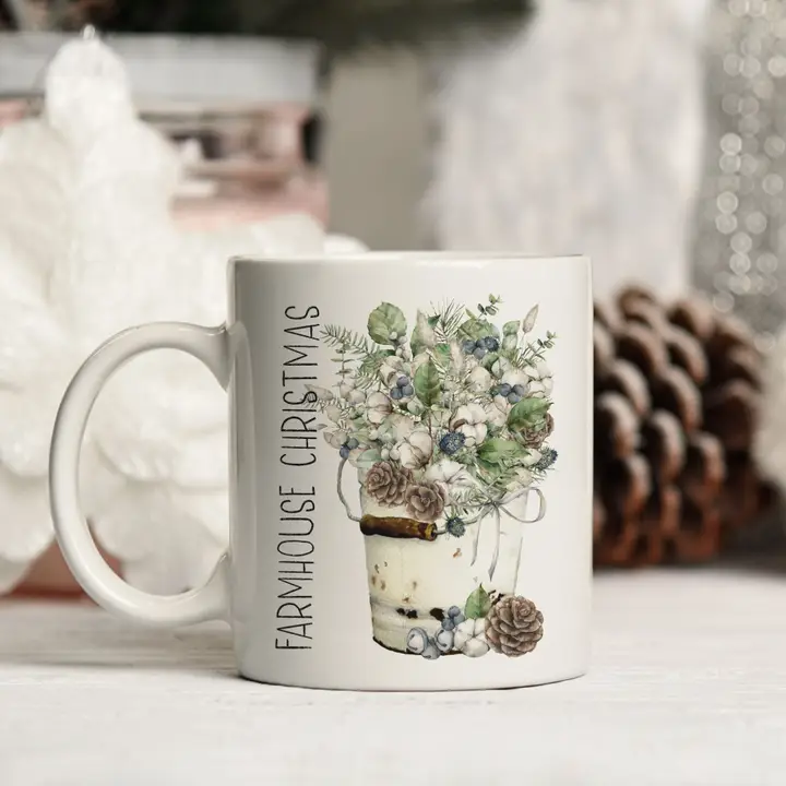 Farmhouse Christmas White Ceramic Mug – Cozy Holiday Coffee Cup