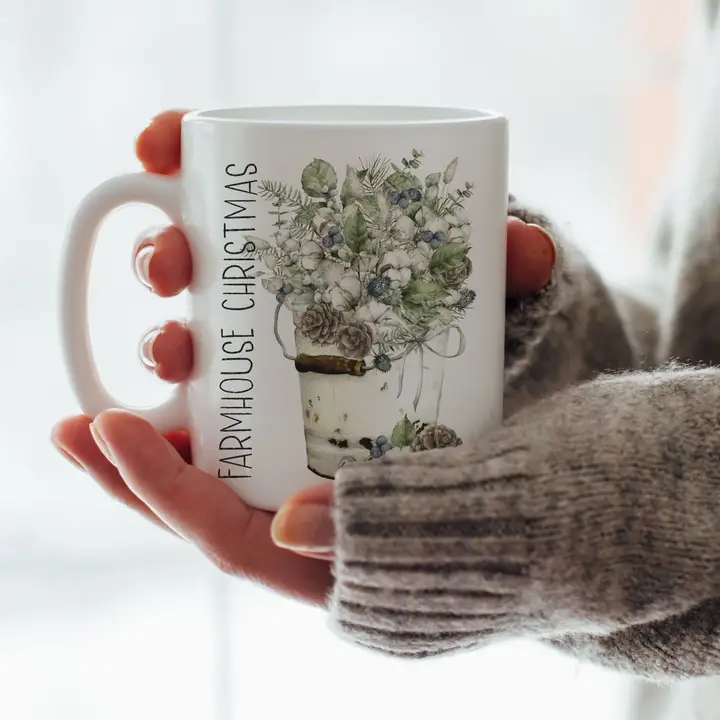 Farmhouse Christmas White Ceramic Mug – Cozy Holiday Coffee Cup