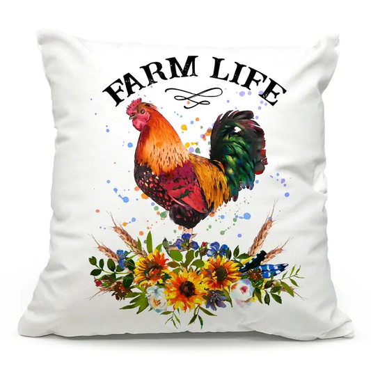 Farm Life Rooster Throw Pillow – Rustic Farmhouse Home Decor