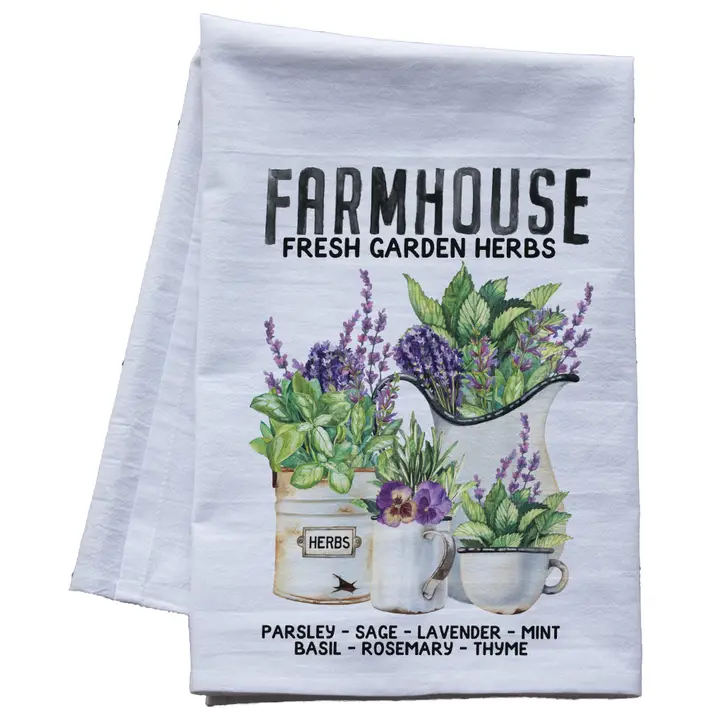 Farmhouse Fresh Garden Herbs Flour Sack Tea Towel – Rustic Kitchen Decor