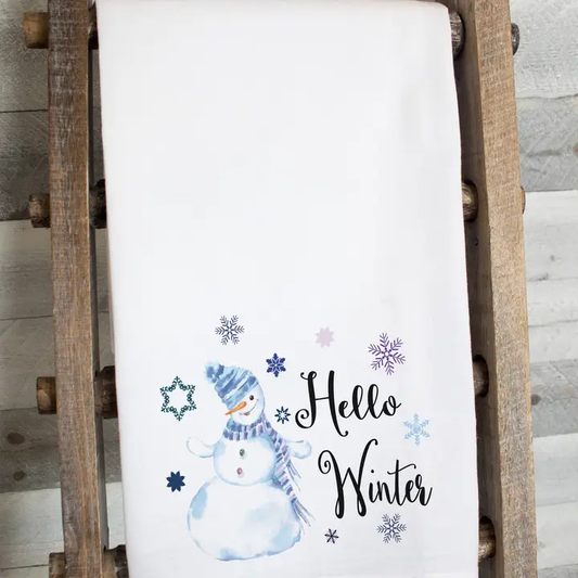 Hello Winter Snowman Flour Sack Tea Towel