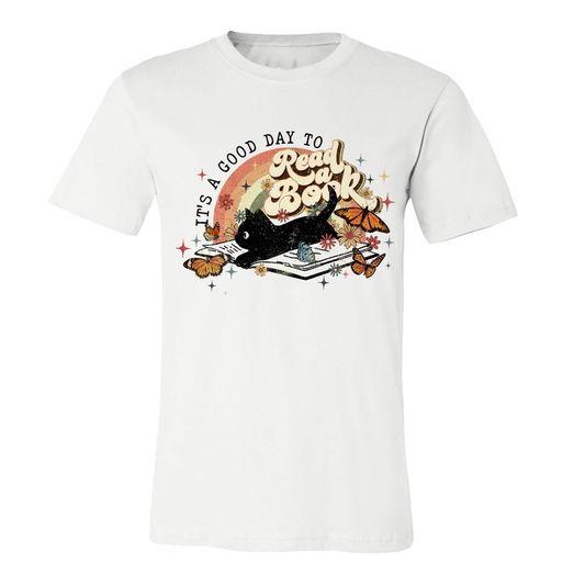 A Good Day to Read a Book T-Shirt – Retro Cat Book Lover Tee