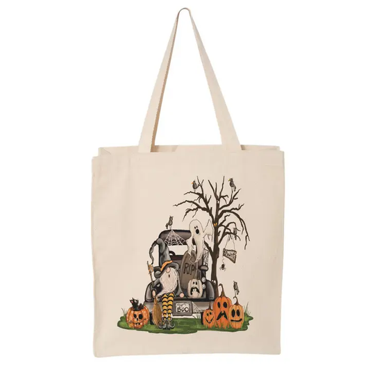 Hey Boo Halloween Gnome Canvas Tote Bag