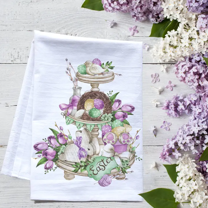 Easter Farmhouse Tier Tray Flour Sack Tea Towel – Rustic Spring Kitchen Decor