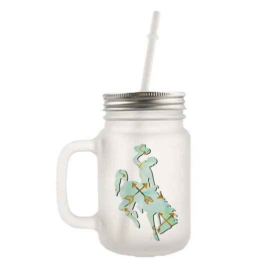 Blue Arrow Wyoming Bucking Horse Frosted Mason Jar Glass