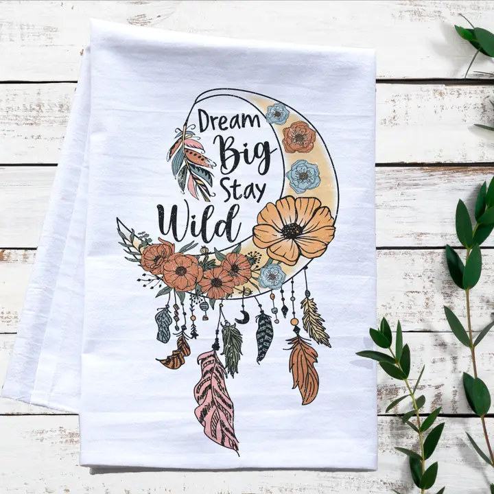 Dream Big Moon Flour Sack Tea Towel – Boho-Inspired Kitchen Decor