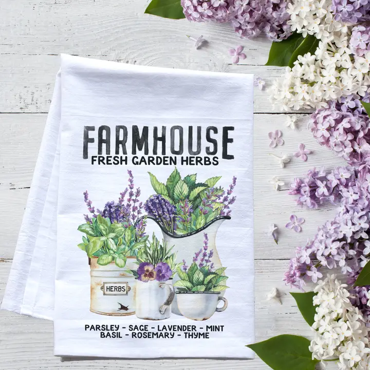 Farmhouse Fresh Garden Herbs Flour Sack Tea Towel – Rustic Kitchen Decor