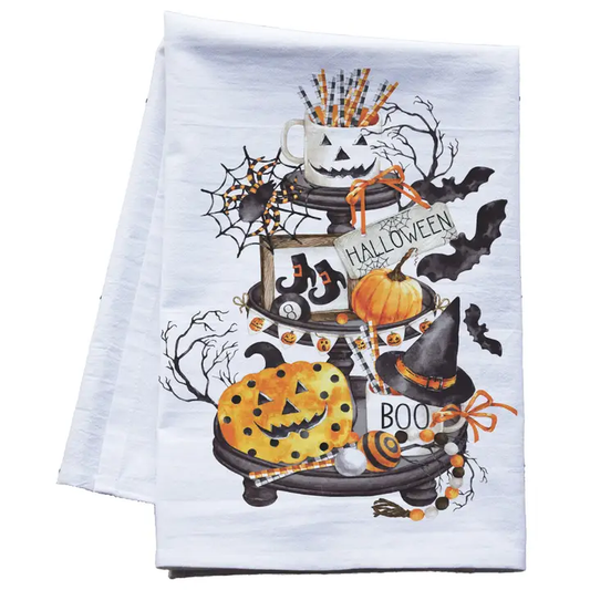 Halloween Farmhouse Tier Tray Flour Sack Tea Towel – Spooky & Rustic Kitchen Decor