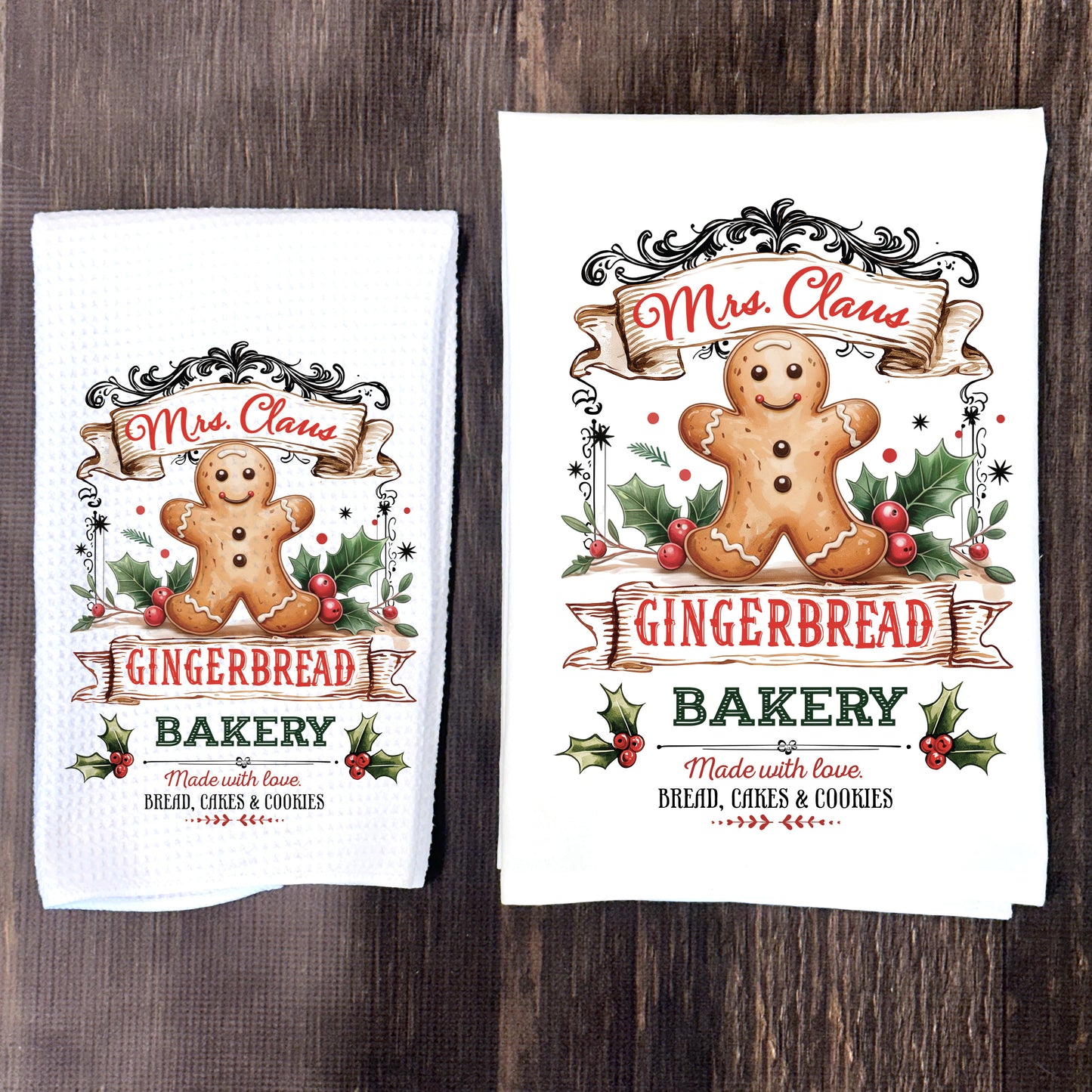Mrs. Claus Gingerbread Bakery Tea Towel – Waffle Weave or Flour Sack Cotton