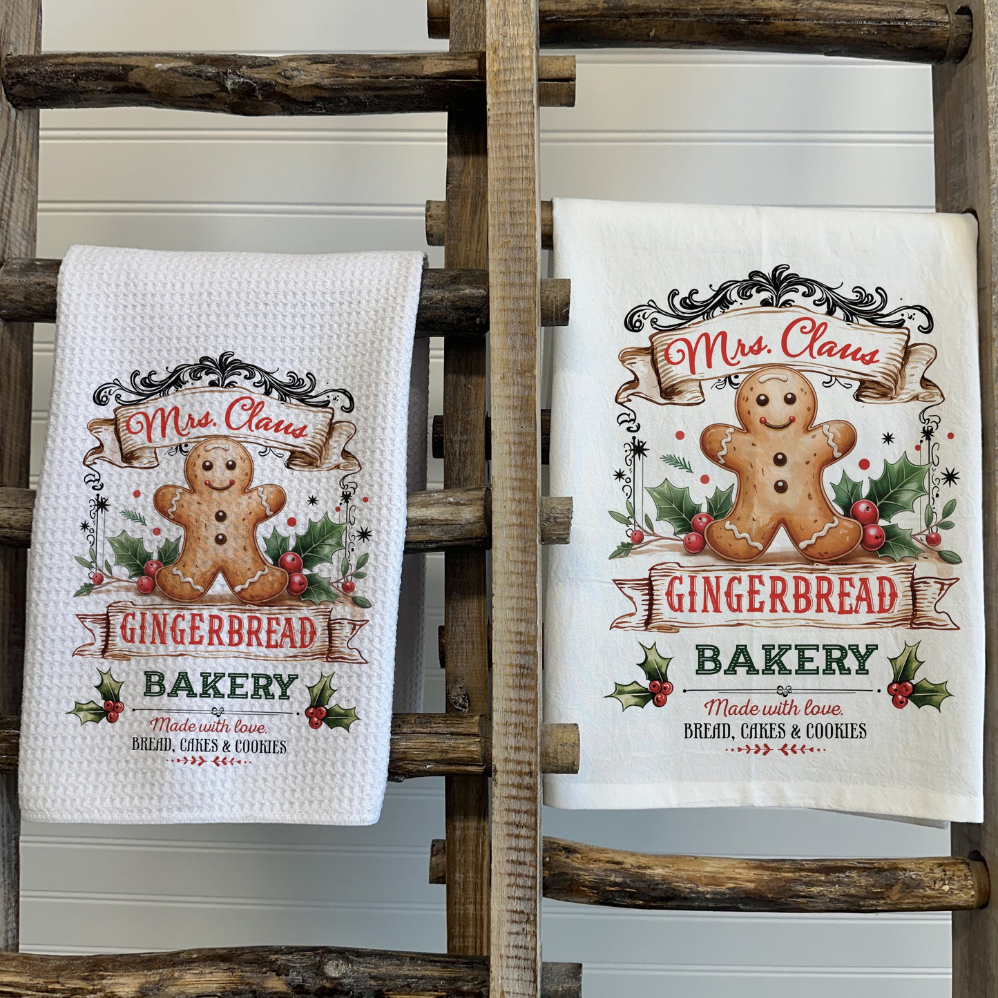 Mrs. Claus Gingerbread Bakery Tea Towel – Waffle Weave or Flour Sack Cotton