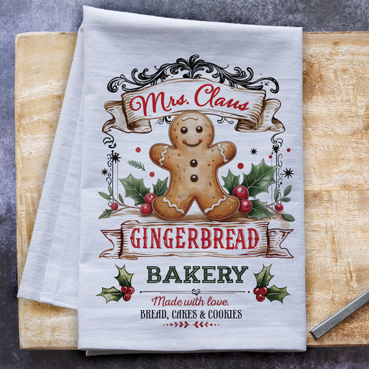 Mrs. Claus Gingerbread Bakery Tea Towel – Waffle Weave or Flour Sack Cotton