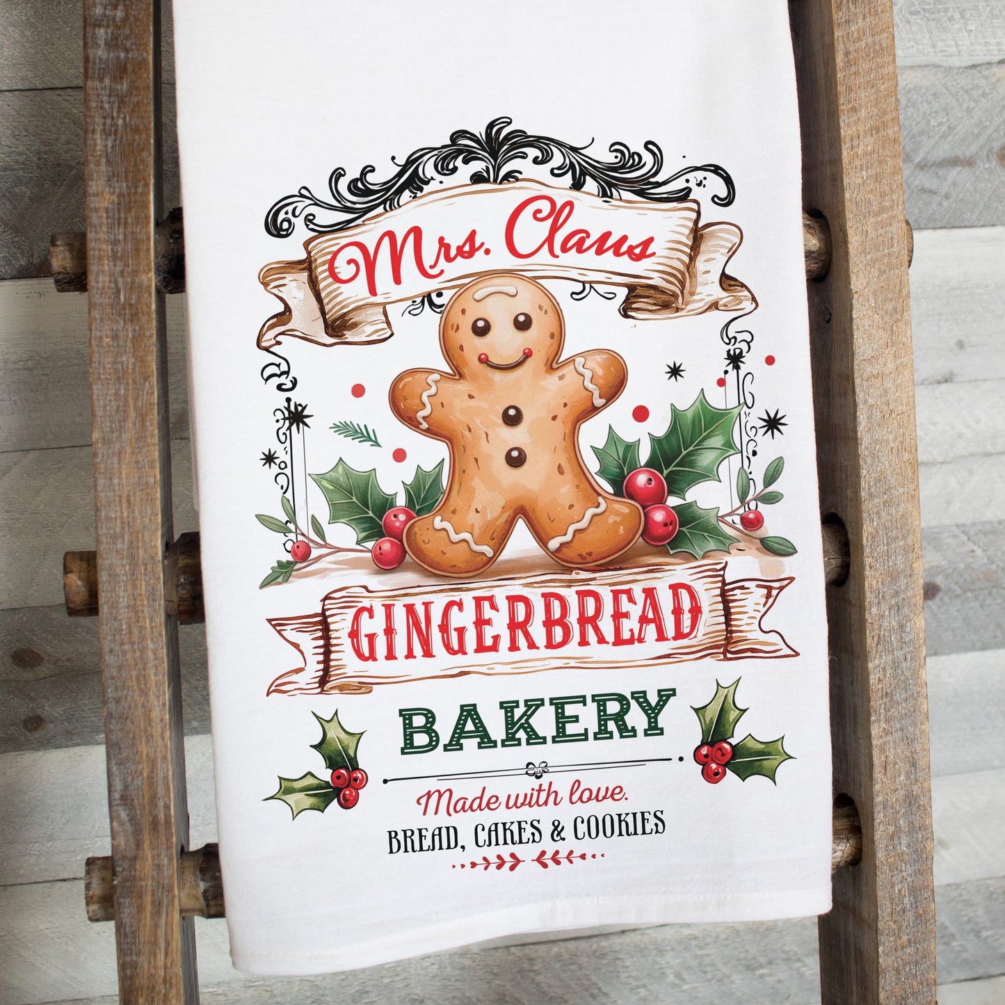 Mrs. Claus Gingerbread Bakery Tea Towel – Waffle Weave or Flour Sack Cotton