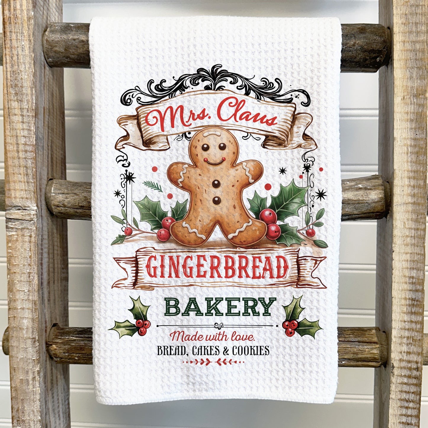 Mrs. Claus Gingerbread Bakery Tea Towel – Waffle Weave or Flour Sack Cotton