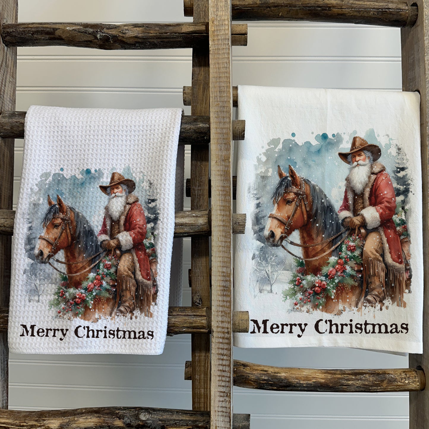 Cowboy Santa Merry Christmas Tea Towel