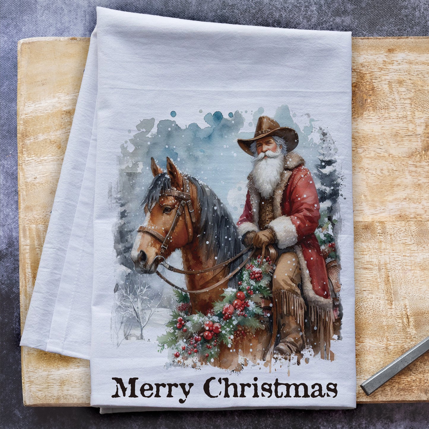 Cowboy Santa Merry Christmas Tea Towel