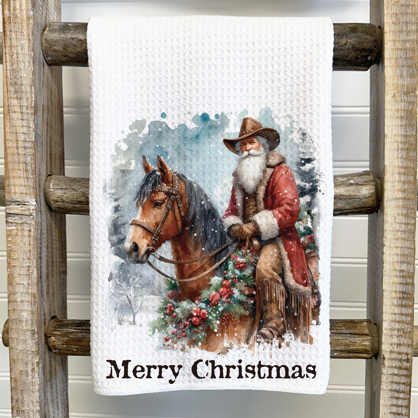 Cowboy Santa Merry Christmas Tea Towel