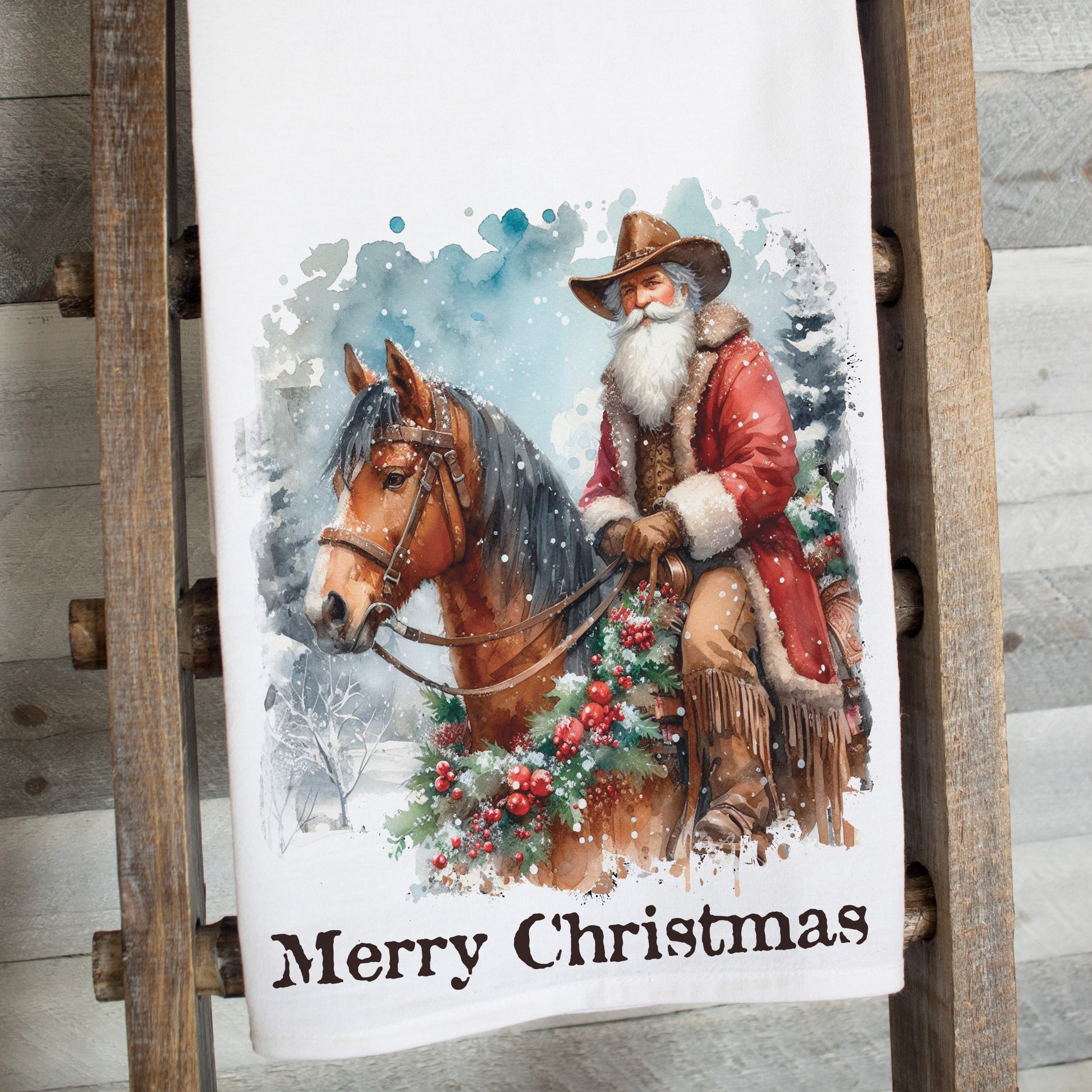 cowboy Christmas, western tea towel, Santa towel, ranch Christmas, Wyoming gift, Christmas kitchen, waffle weave towel, flour sack towel, cowboy decor, western holiday