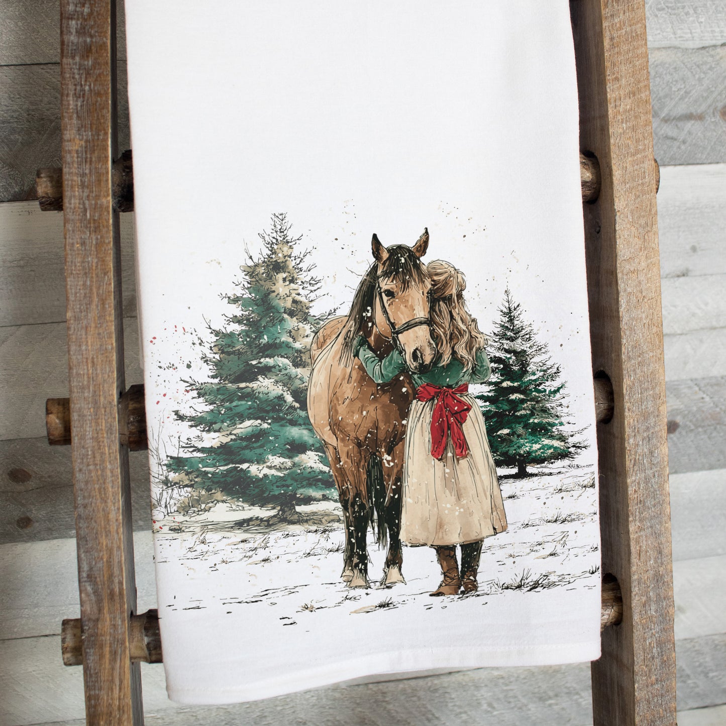 A Girl and Her Horse Christmas Tea Towel – Waffle Weave or Flour Sack Cotton