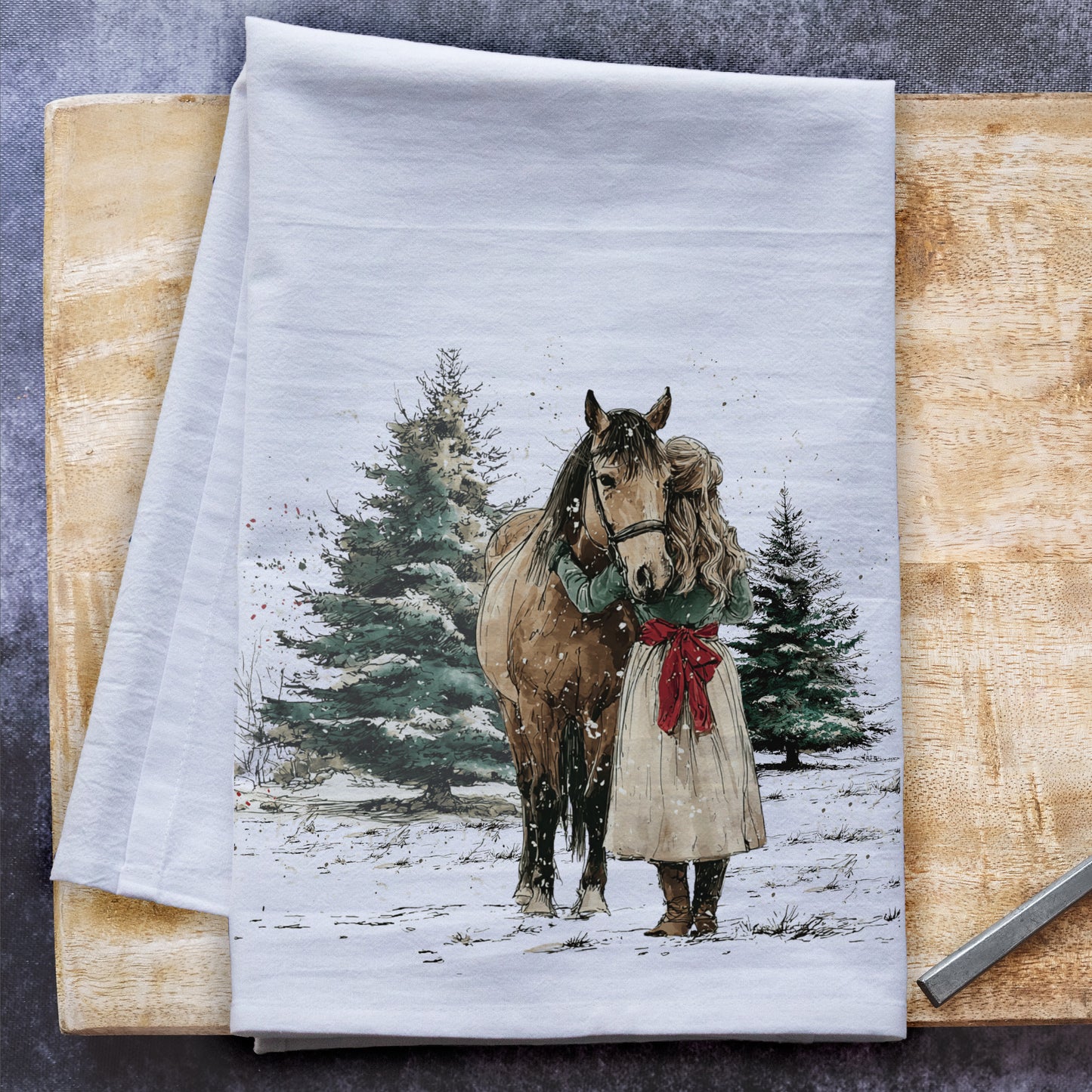 A Girl and Her Horse Christmas Tea Towel – Waffle Weave or Flour Sack Cotton