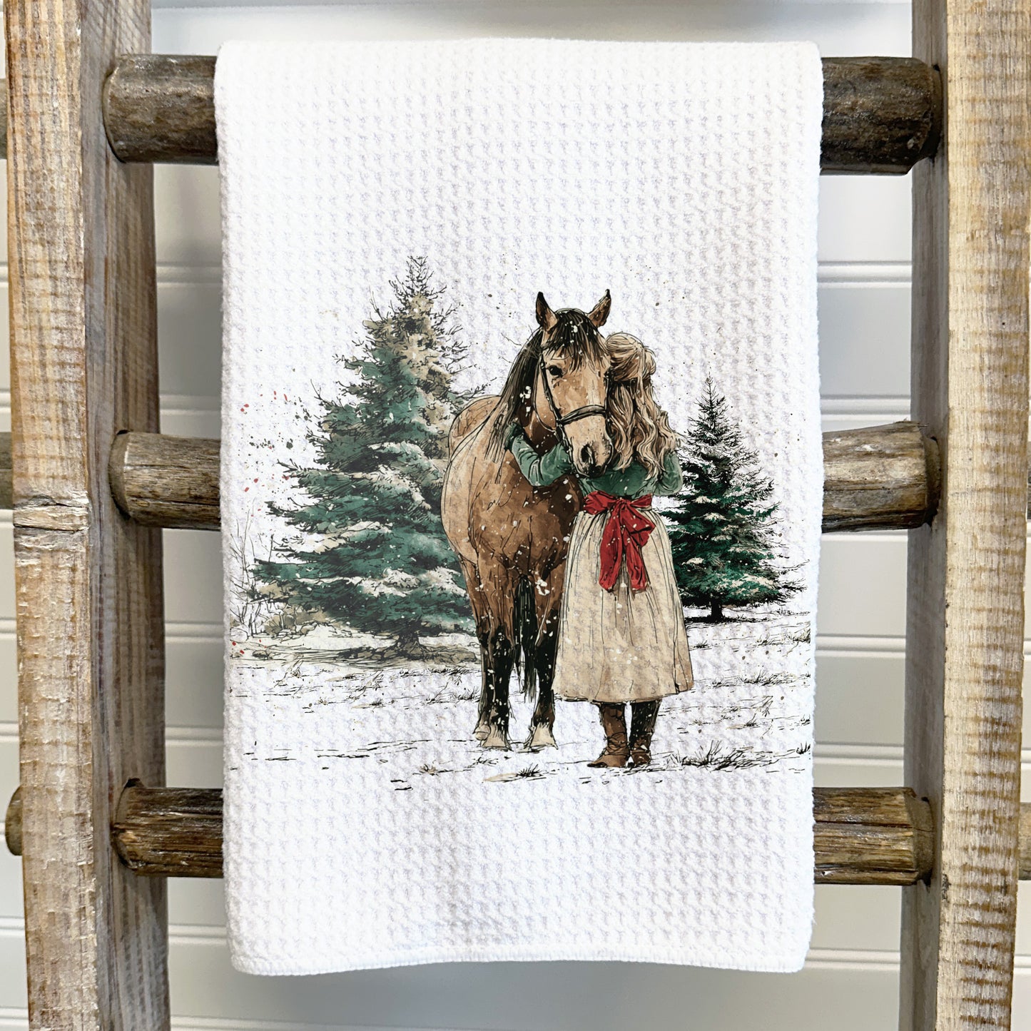 A Girl and Her Horse Christmas Tea Towel – Waffle Weave or Flour Sack Cotton