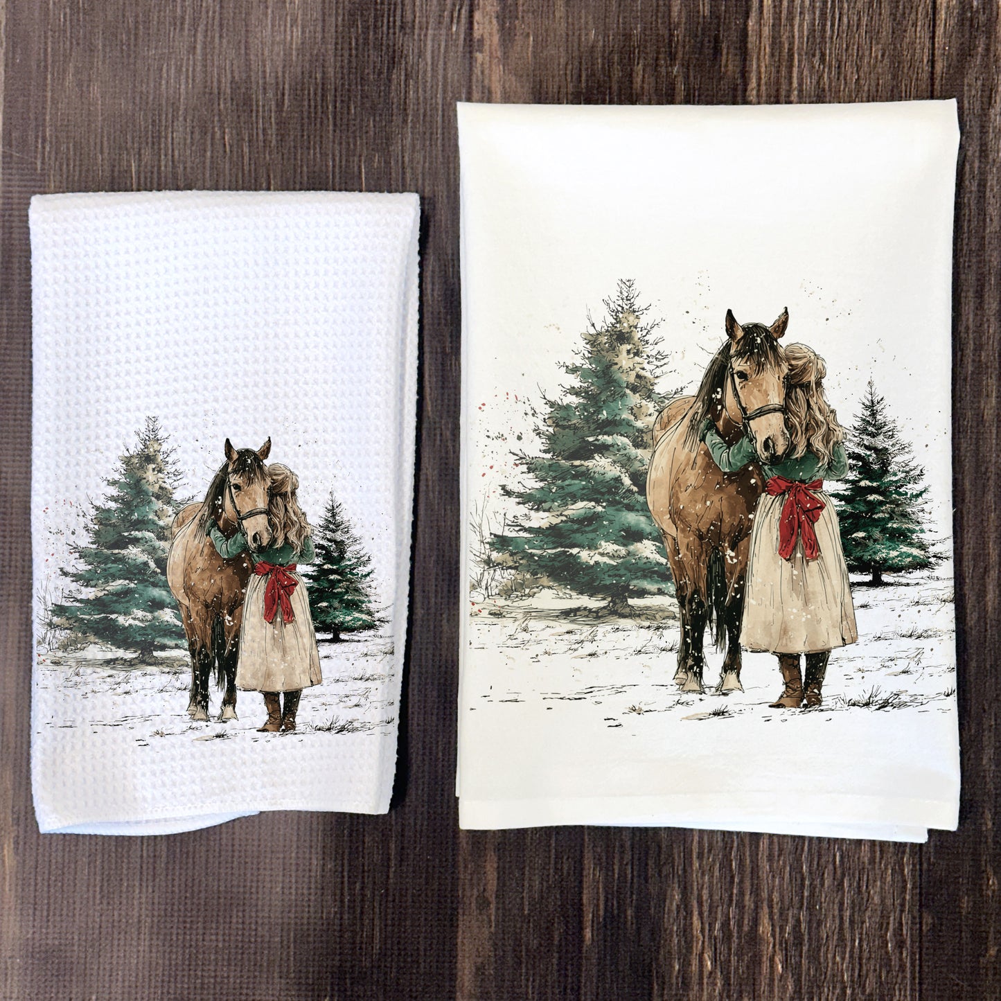 A Girl and Her Horse Christmas Tea Towel – Waffle Weave or Flour Sack Cotton