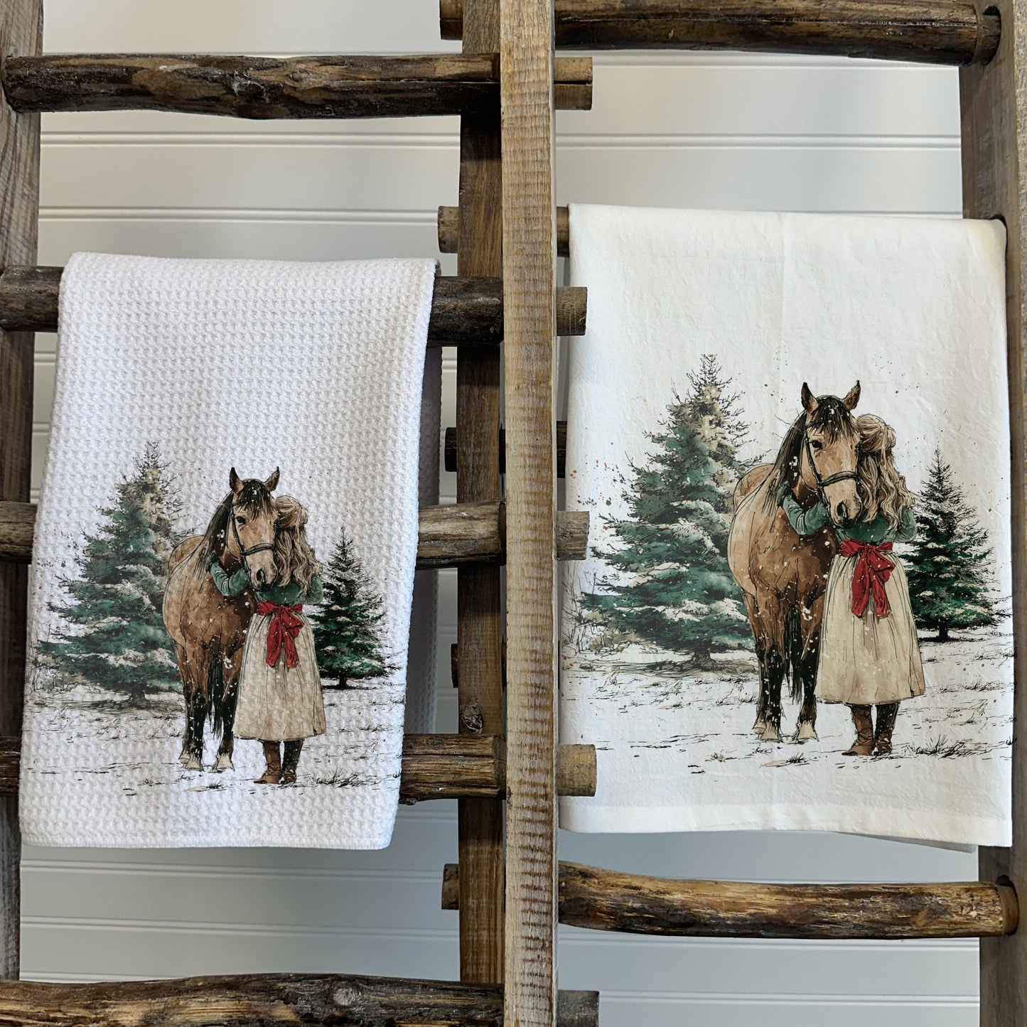 A Girl and Her Horse Christmas Tea Towel – Waffle Weave or Flour Sack Cotton
