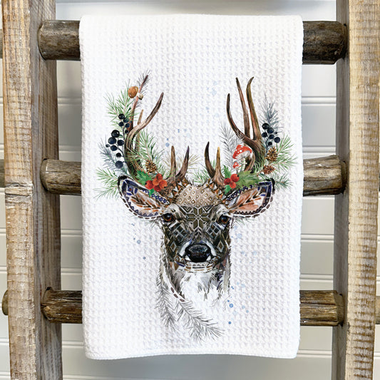 Holiday Deer Tea Towel – Waffle Weave or Flour Sack Cotton
