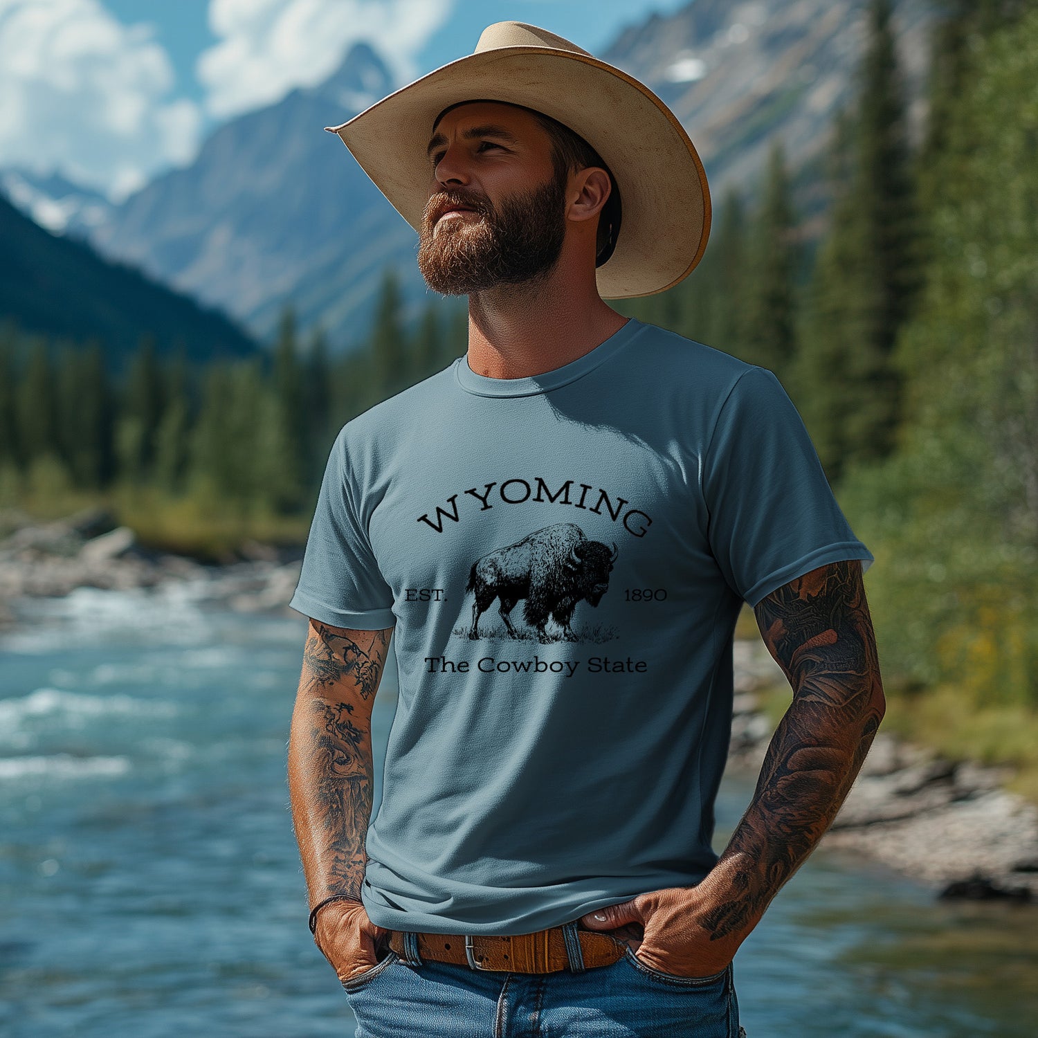 Wyoming est 1890 shirt, cowboy state t-shirt, vintage Wyoming bison tee, western heritage shirt, steel blue graphic tee, Wyoming state pride shirt, buffalo t-shirt Wyoming, rustic western shirt