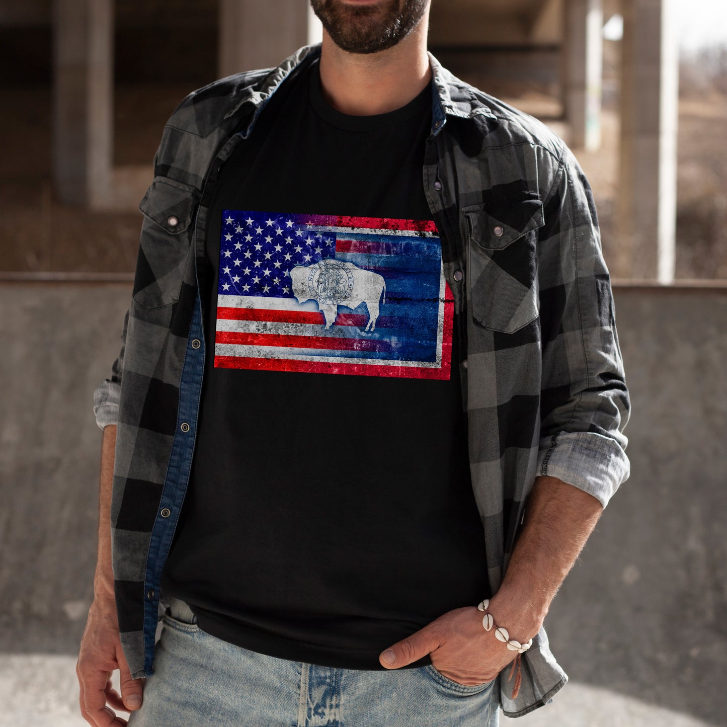 Wyoming American flag shirt, patriotic bison t-shirt, USA buffalo tee, distressed American flag shirt, Wyoming state pride shirt, western patriotic tee, July 4th Wyoming shirt, rustic USA graphic tee