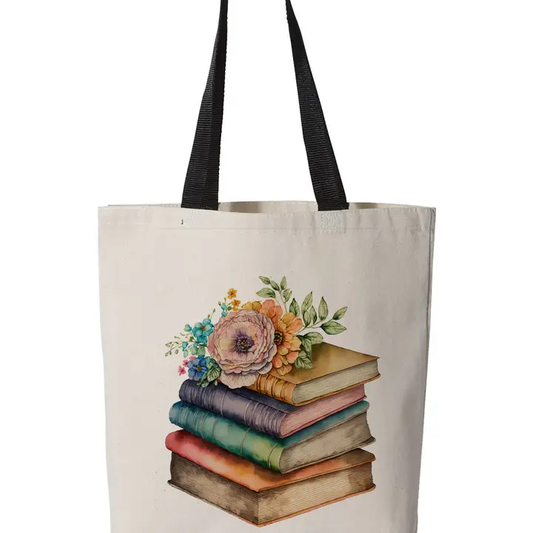 Floral Book Stack Canvas Tote Bag