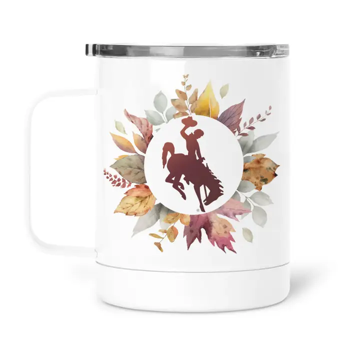 officially licensed Wyoming Bucking Horse™ travel mug, autumn leaves coffee mug, western fall drinkware, Wyoming cowboy travel cup, rustic western travel mug, Bucking Horse™ stainless mug, Wyoming fall gift