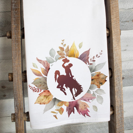 Wyoming bucking horse tea towel, fall kitchen towel, autumn cowboy tea towel, rustic western fall décor, flour sack cotton towel, seasonal Wyoming gift, autumn leaves dish towel