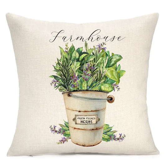 Farmhouse Herb Bucket Throw Pillow – Rustic Home Decor Accent