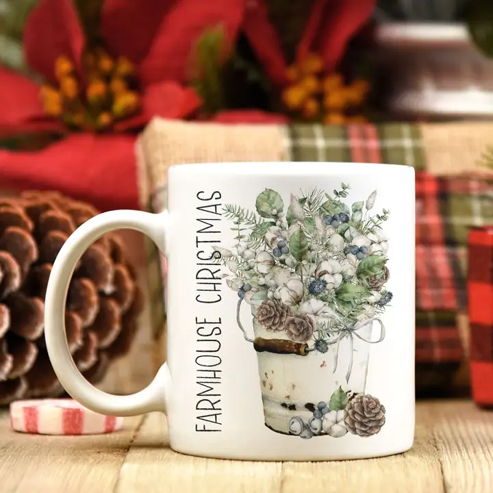 Farmhouse Christmas White Ceramic Mug – Cozy Holiday Coffee Cup