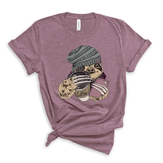 Coffee Sloth Graphic T-Shirt – Funny Sloth Drinking Coffee Tee