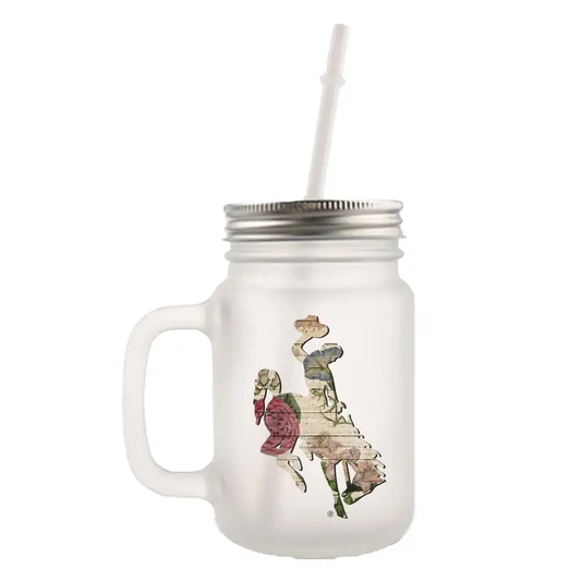 Barnwood Floral Wyo Bucking Horse Frosted Mason Jar Glass