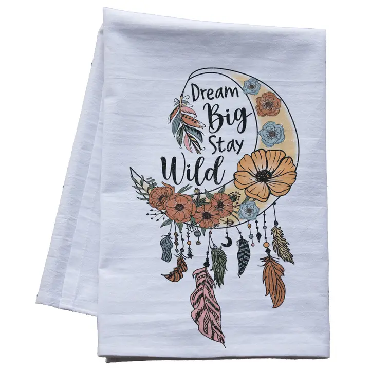 Dream Big Moon Flour Sack Tea Towel – Boho-Inspired Kitchen Decor