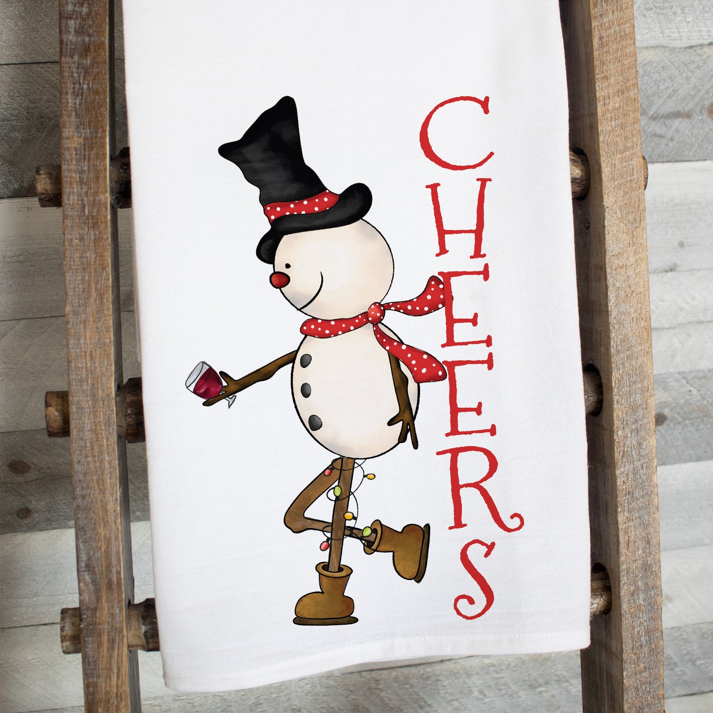 Cheers Snowman Tea Towel – Waffle Weave or Flour Sack Cotton