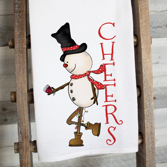 Cheers Snowman Tea Towel – Waffle Weave or Flour Sack Cotton