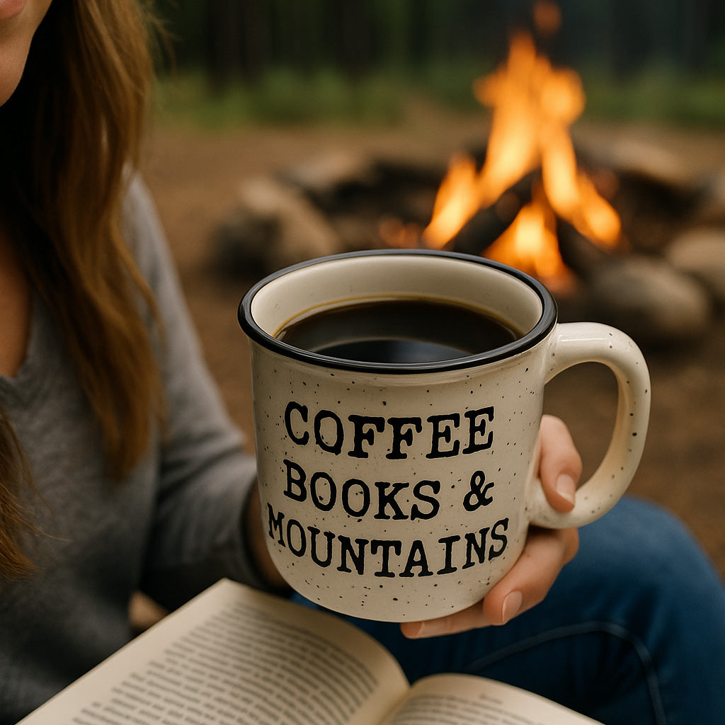 Coffee Books and Mountains Ceramic Coffee Mug