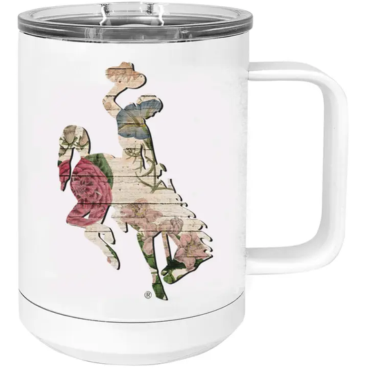 Barnwood Floral Wyoming Bucking Horse 12oz Travel Mug