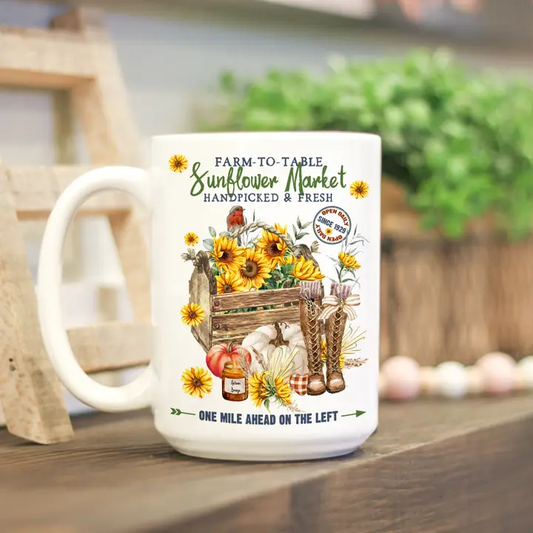 Farm to Table Sunflower Market White Ceramic Mug – Rustic & Cheerful