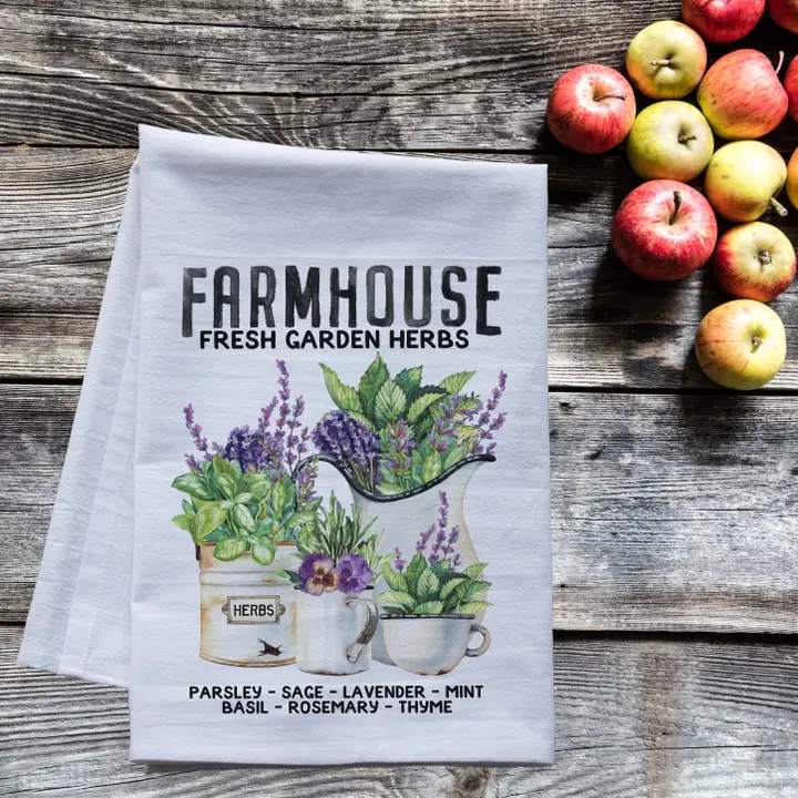 Farmhouse Fresh Garden Herbs Flour Sack Tea Towel – Rustic Kitchen Decor