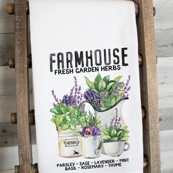 Farmhouse Fresh Garden Herbs Flour Sack Tea Towel – Rustic Kitchen Decor