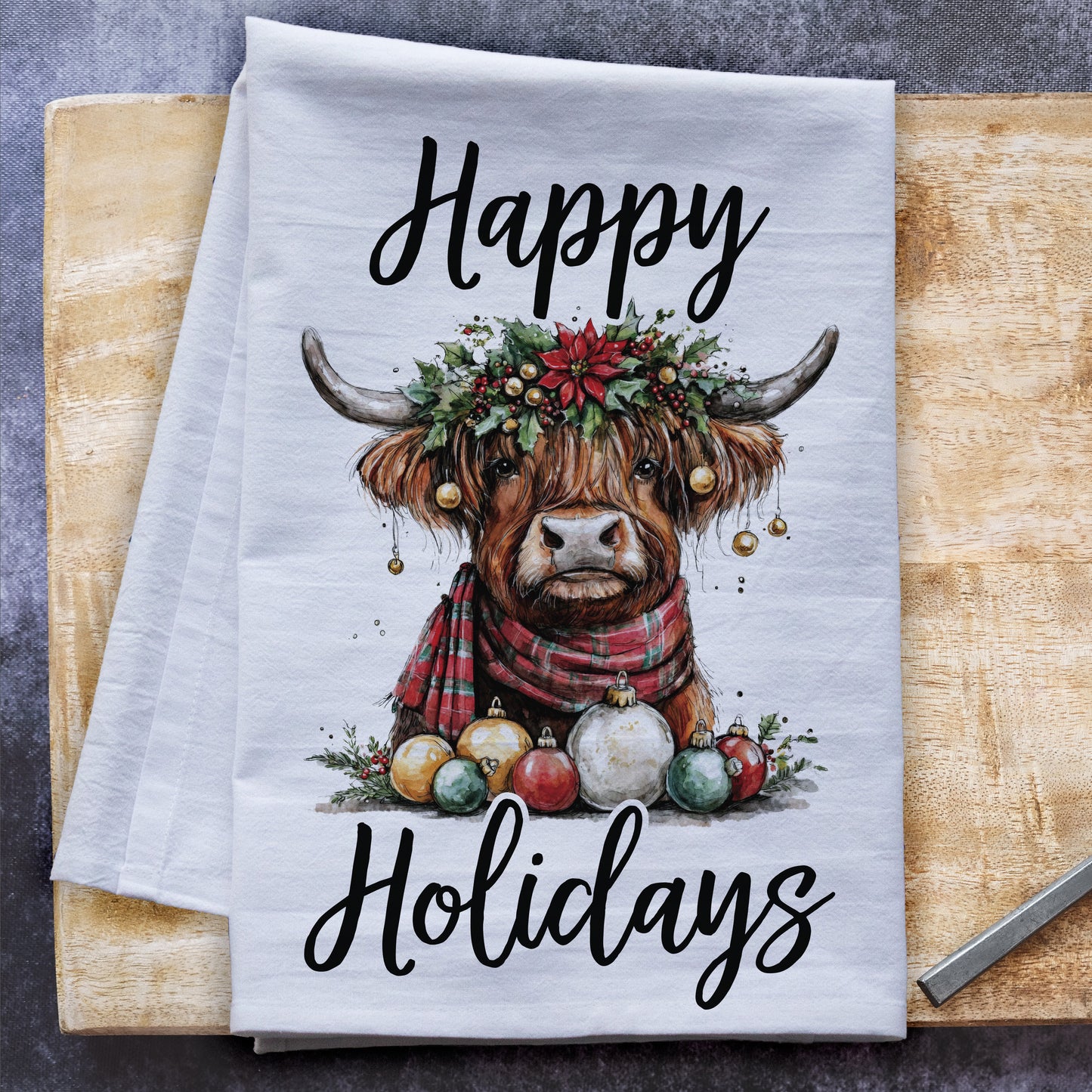 Happy Holidays Highland Cow Tea Towel